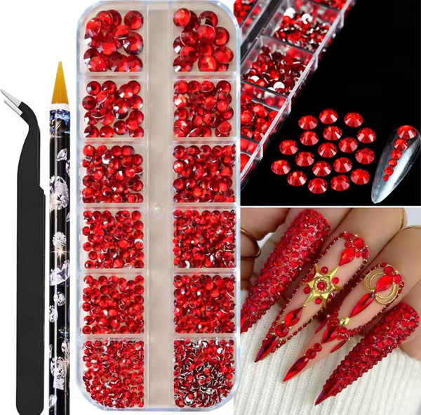 Red Crystal Nail Art Set – Mixed Size Rhinestones with Tweezers & Wax Pickup Pencil