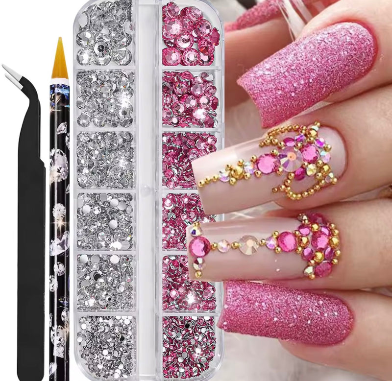 Pink & Silver Nail Rhinestones Kit with Tweezers & Wax Pencil – Mixed Size Crystals