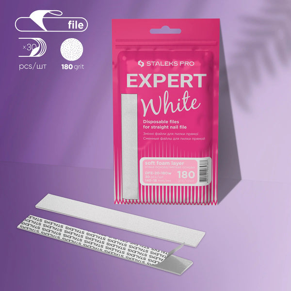 STALEKS PRO EXPERT 20 WHITE DISPOSABLE FILES FOR STRAIGHT NAIL FILE (SOFT BASE) 180 GRIT 30 PCS DFE-20-180W