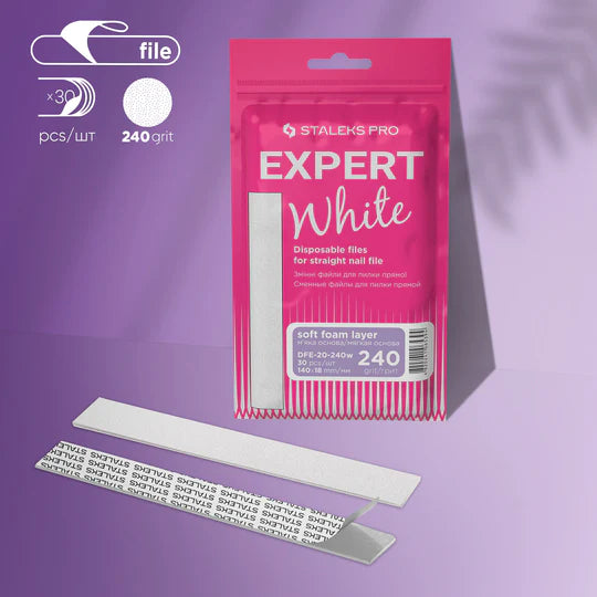 STALEKS PRO EXPERT 20 WHITE DISPOSABLE FILES FOR STRAIGHT NAIL FILE (SOFT BASE) 240 GRIT 30 PCS DFE-20-240W